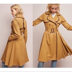ANTHROPOLOGIE Marley Double Breasted Khaki Cotton Belted Full Skirt Trench Coat